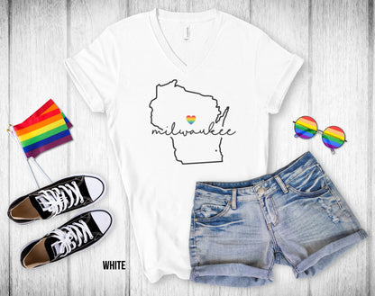 Gay Pride Milwaukee - Wisconsin Outline - Rainbow Heart - Unisex V-Neck Tee