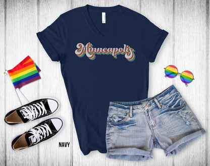 Minneapolis Retro Rainbow Baseball Text - Unisex V-Neck Tee