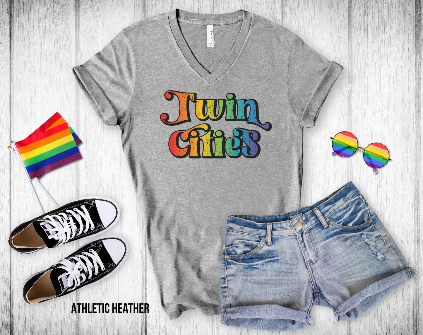 Twin Cities Rainbow Gradient Text - Unisex V-Neck Tee