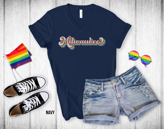 Milwaukee Retro Rainbow Baseball Text - Unisex V-Neck Tee