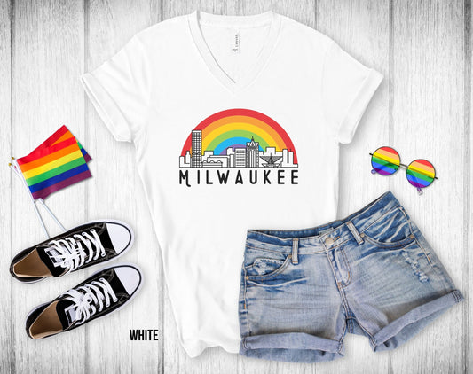 Milwaukee Rainbow Skyline - Unisex V-Neck