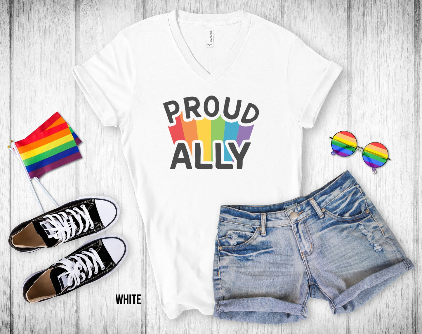 Proud Ally - Rainbow Beam - Unisex V-Neck Tee