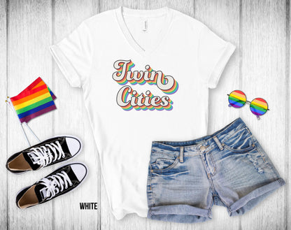 Twin Cities Retro Rainbow Baseball text - Unisex V-Neck Tee