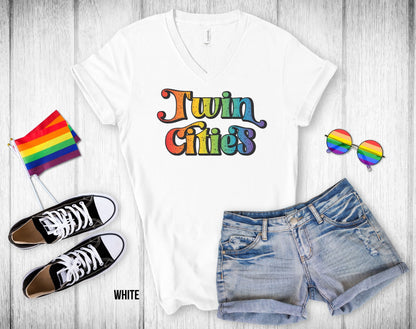 Twin Cities Rainbow Gradient Text - Unisex V-Neck Tee