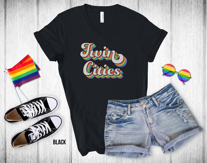 Twin Cities Retro Rainbow Baseball text - Unisex V-Neck Tee