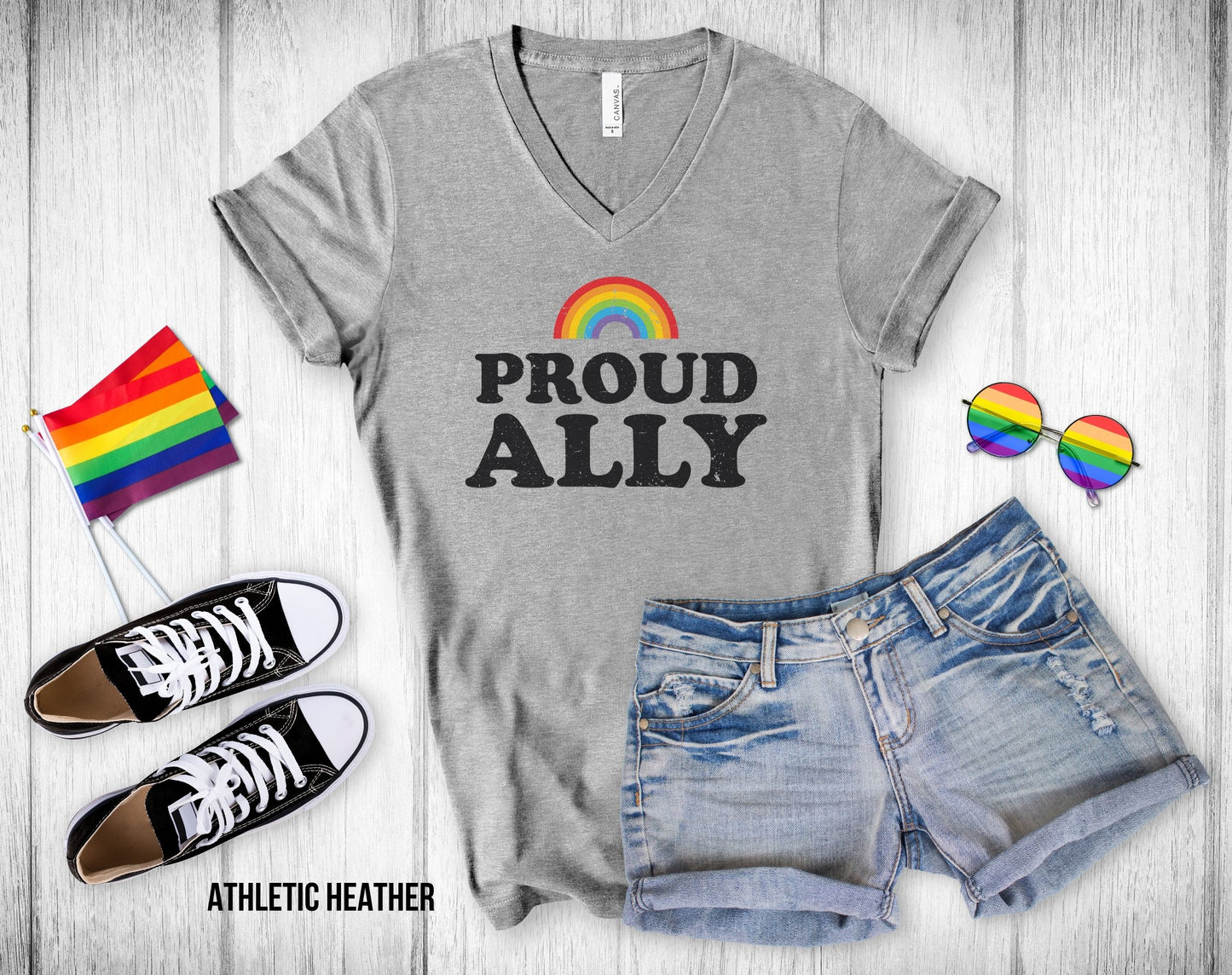 Proud Ally - Rainbow Arch - V-Neck Unisex Tee