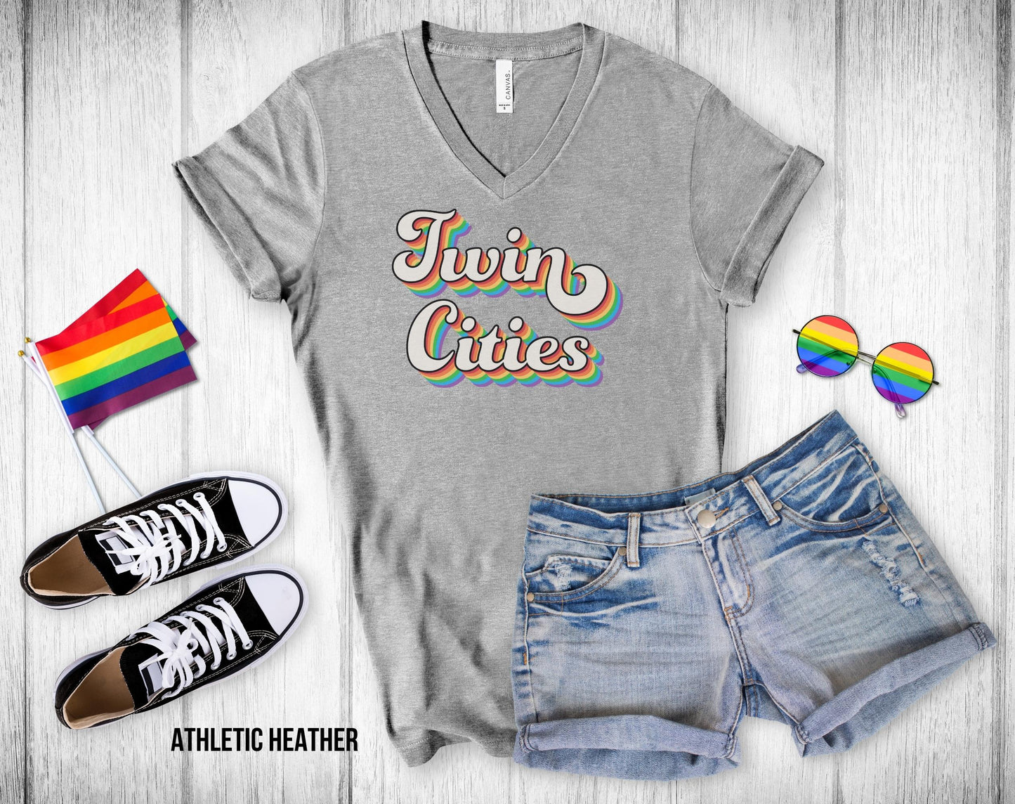 Twin Cities Retro Rainbow Baseball text - Unisex V-Neck Tee