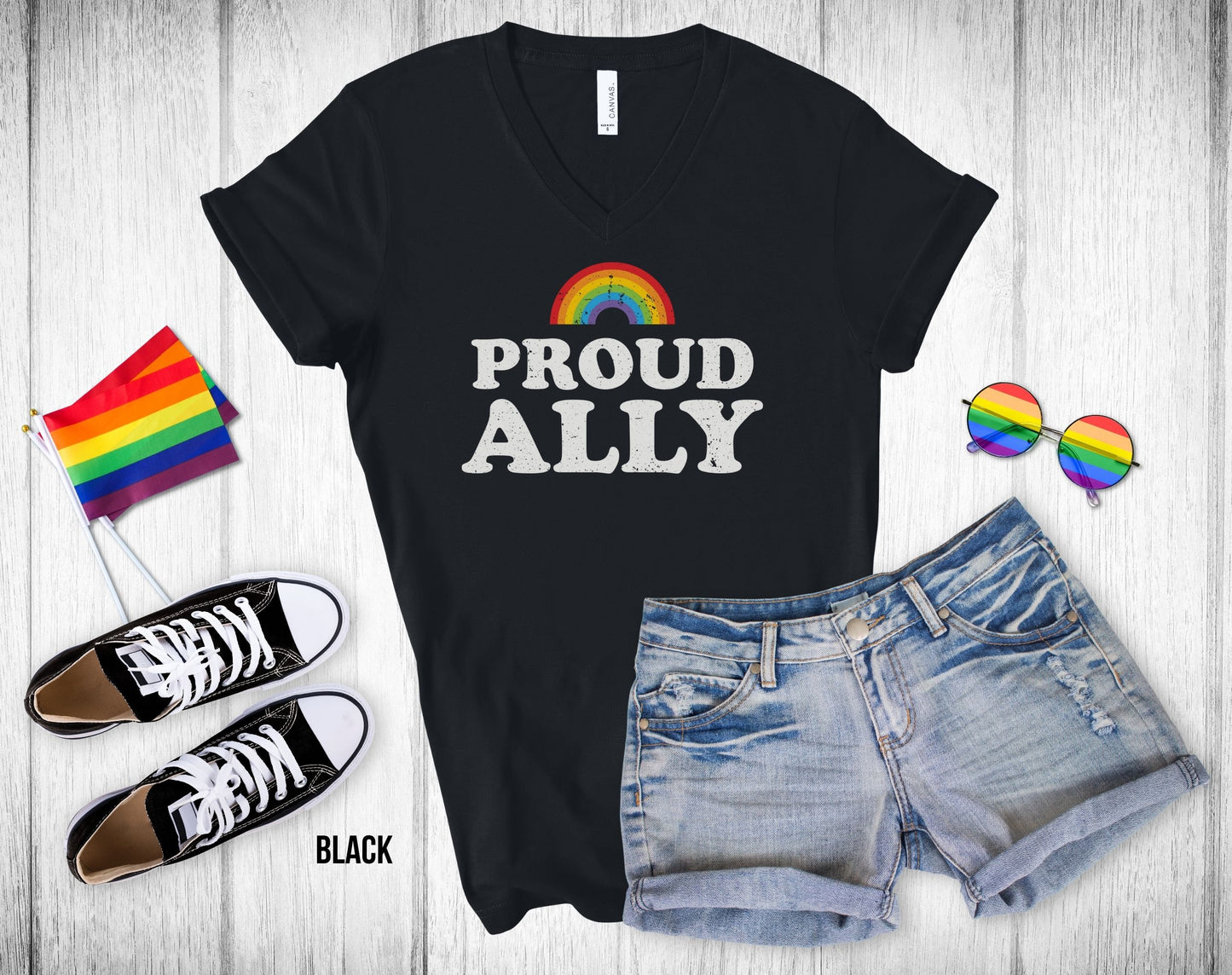 Proud Ally - Rainbow Arch - V-Neck Unisex Tee