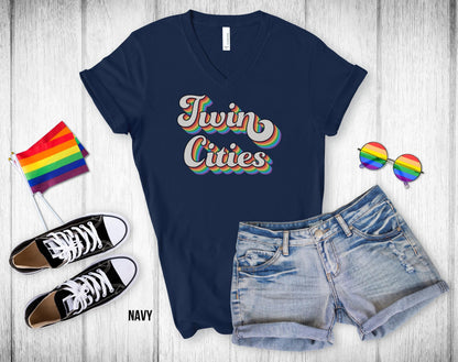 Twin Cities Retro Rainbow Baseball text - Unisex V-Neck Tee