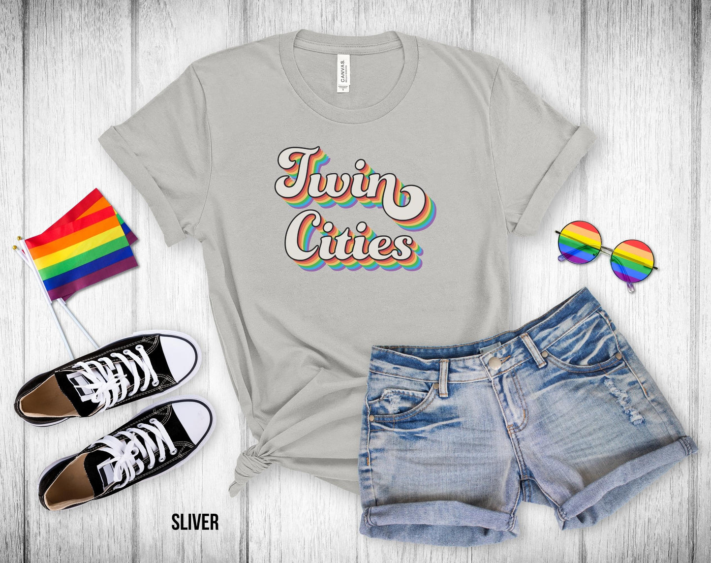 Twin Cities Retro Rainbow Baseball text - Unisex Tee