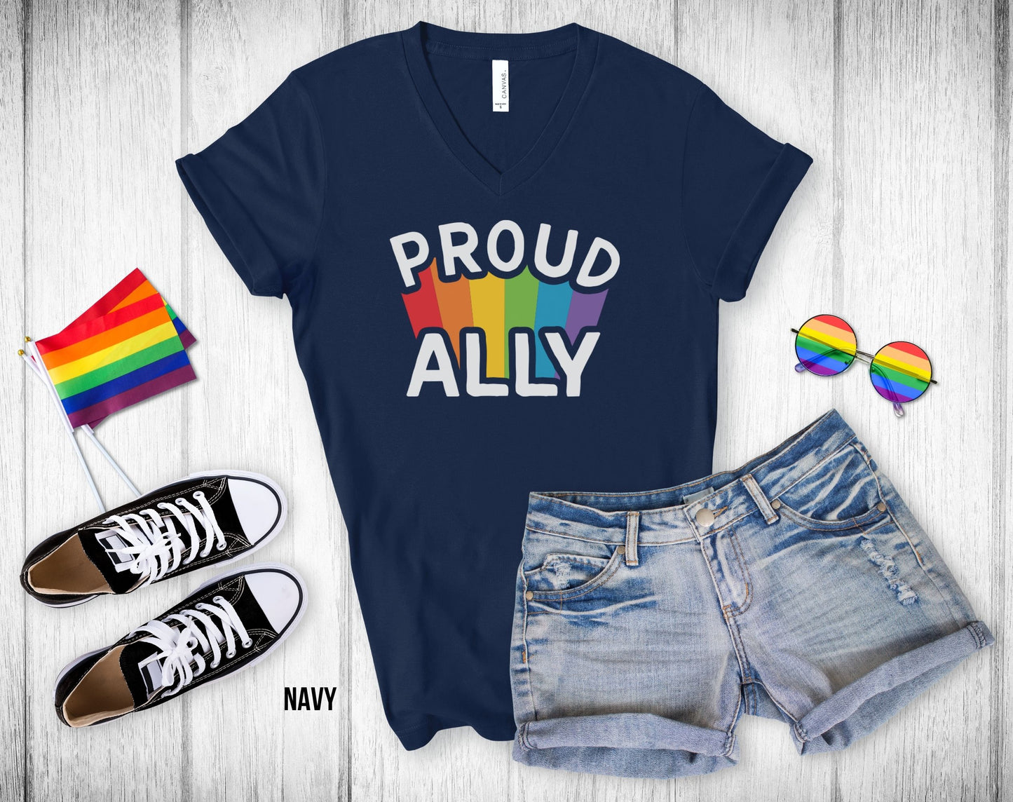 Proud Ally - Rainbow Beam - Unisex V-Neck Tee