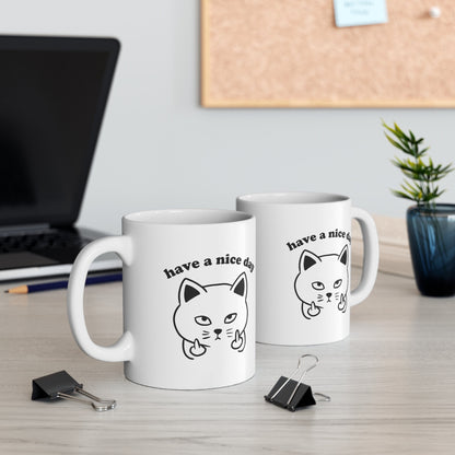 Have a Nice Day Cat Coffee Mug - Cat Giving the Finger