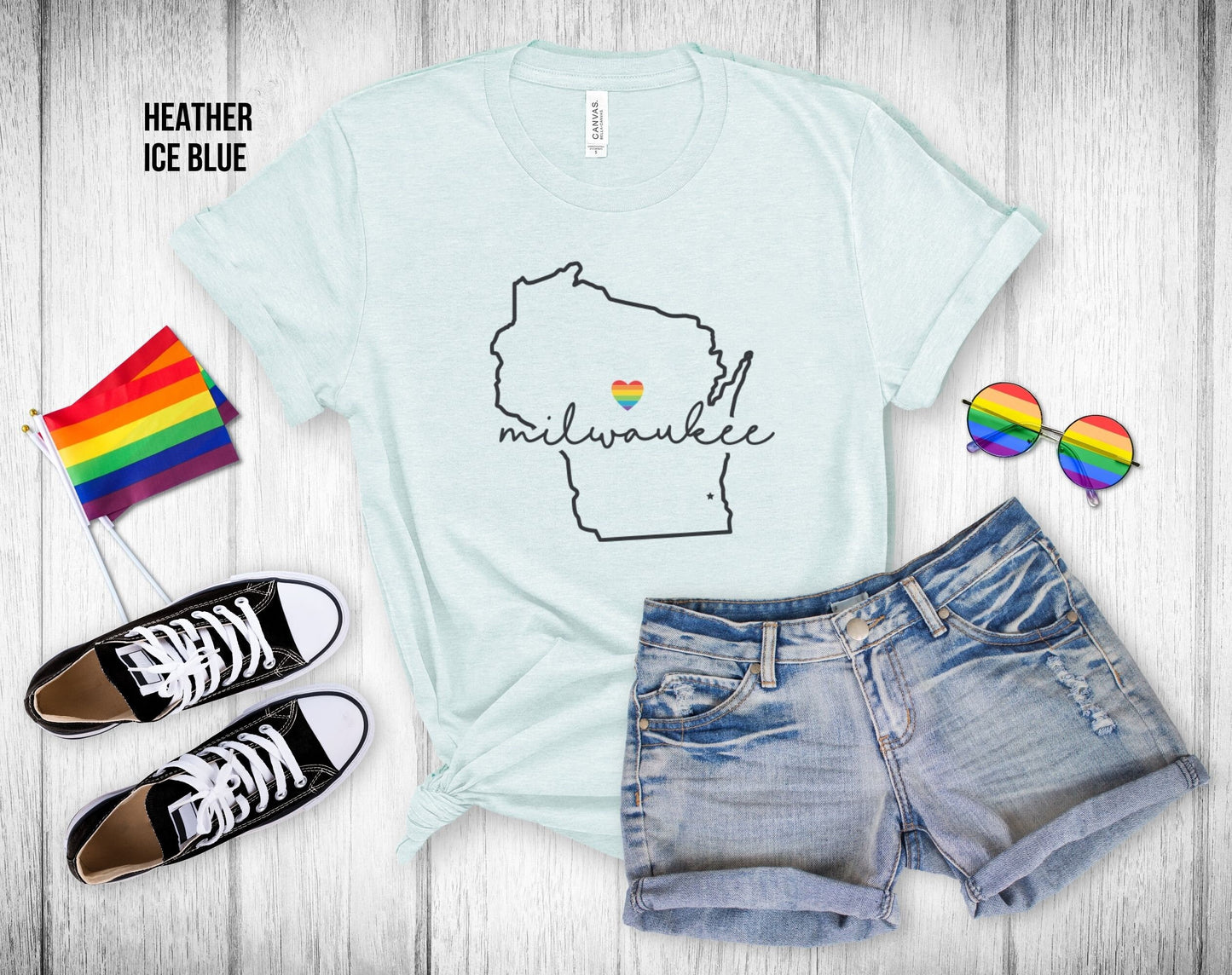 Gay Pride Milwaukee - Wisconsin Outline - Rainbow Heart - Unisex Tee