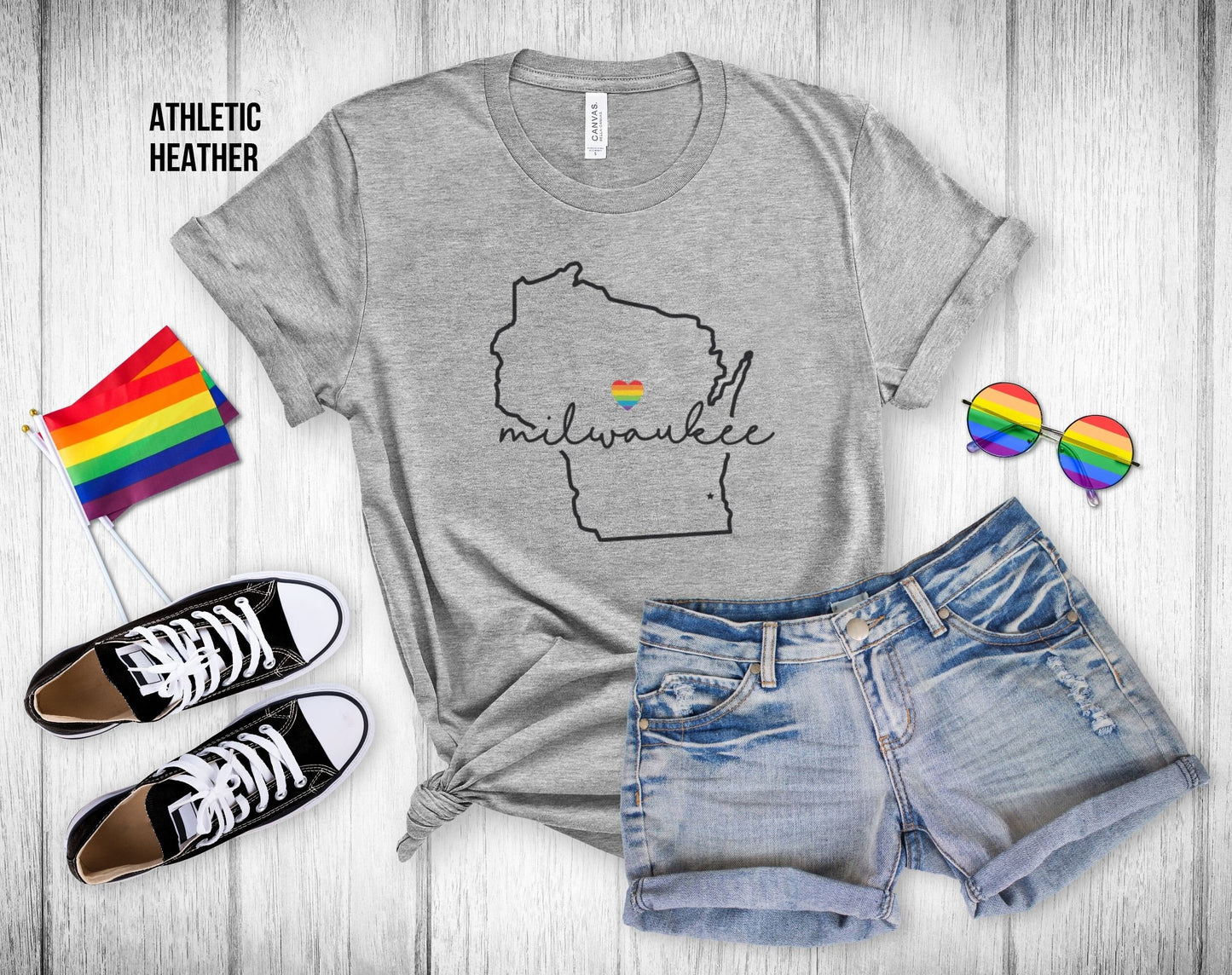 Gay Pride Milwaukee - Wisconsin Outline - Rainbow Heart - Unisex Tee