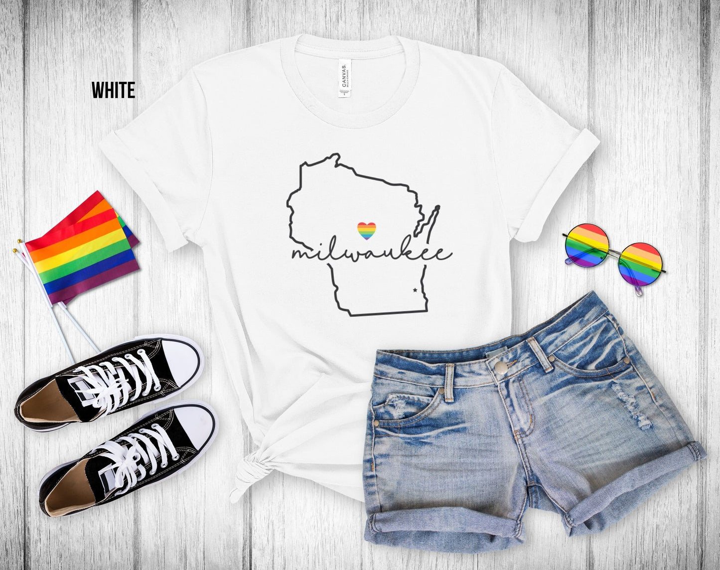 Gay Pride Milwaukee - Wisconsin Outline - Rainbow Heart - Unisex Tee