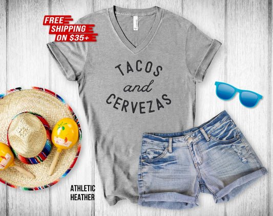 Tacos and Cerveza Unisex V-Neck Tee - Cinco De Mayo Shirt