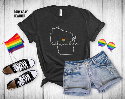 Gay Pride Milwaukee - Wisconsin Outline - Rainbow Heart - Unisex Tee