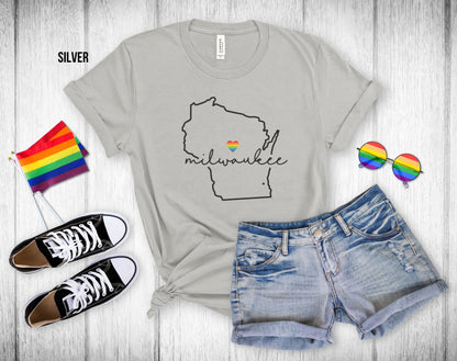 Gay Pride Milwaukee - Wisconsin Outline - Rainbow Heart - Unisex Tee