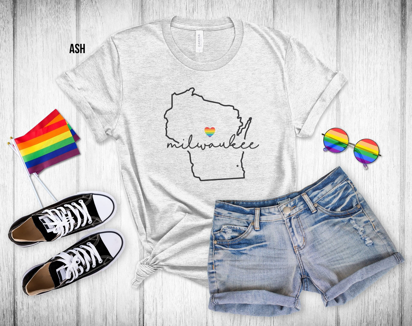 Gay Pride Milwaukee - Wisconsin Outline - Rainbow Heart - Unisex Tee