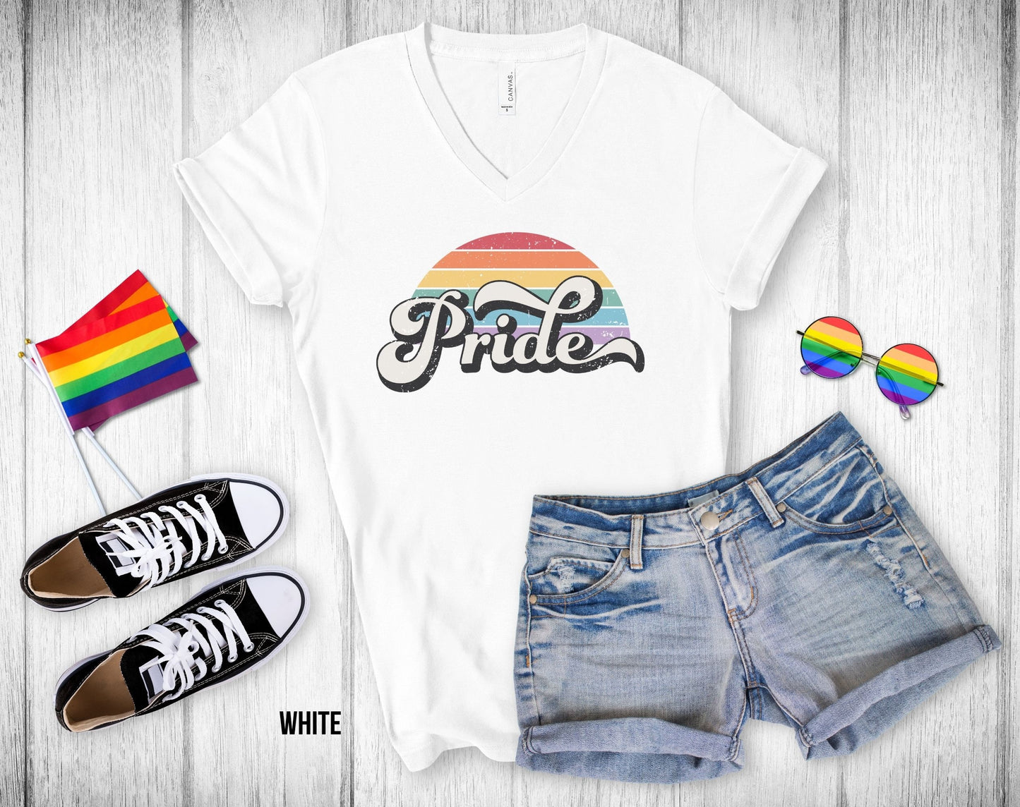 Retro Pride Rainbow Sunset - Unisex V-Neck Tee