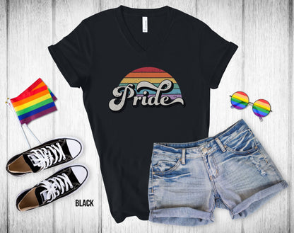 Retro Pride Rainbow Sunset - Unisex V-Neck Tee