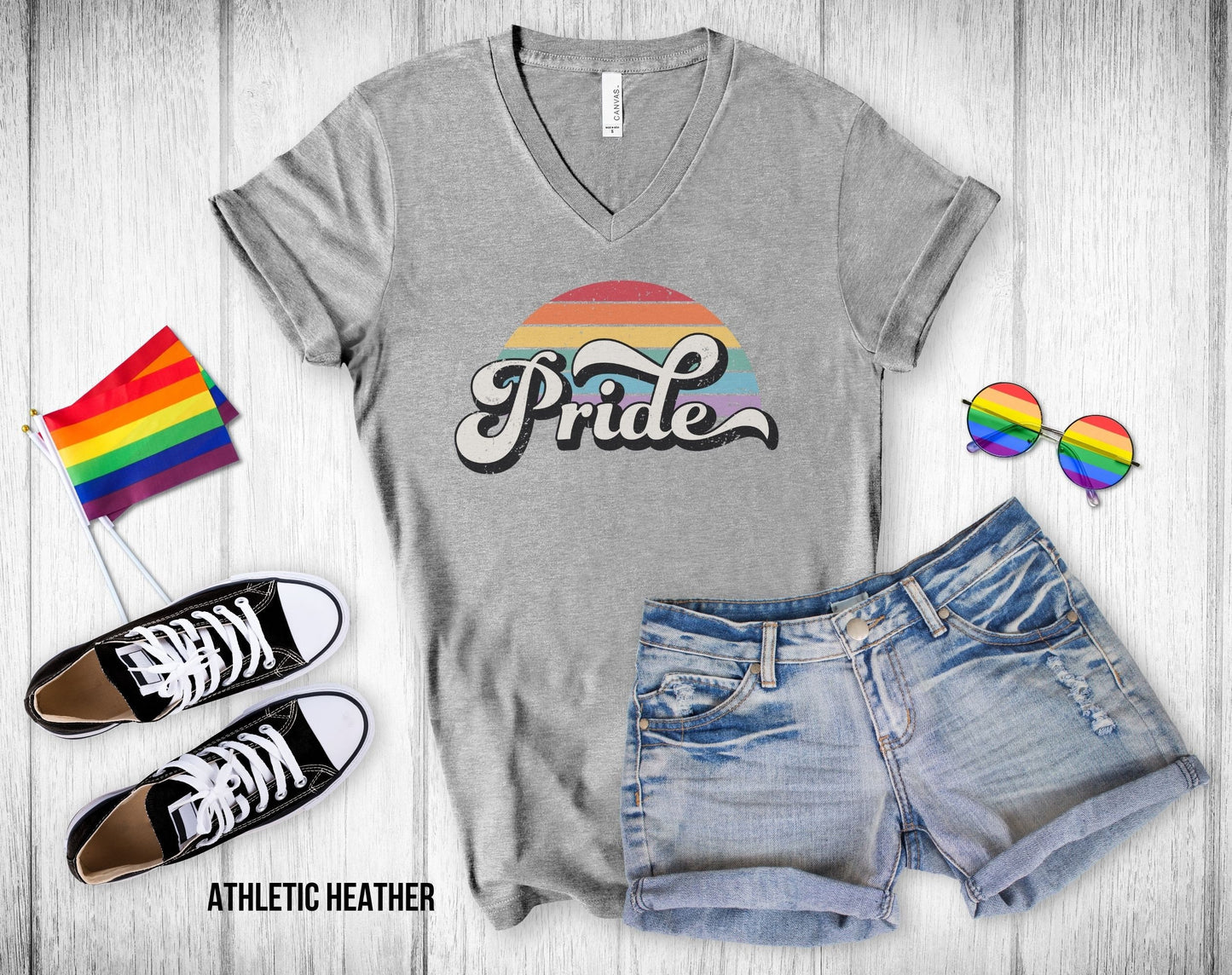 Retro Pride Rainbow Sunset - Unisex V-Neck Tee