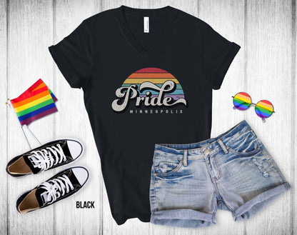 Retro Pride Minneapolis Rainbow Sunset - Unisex V-Neck Tee