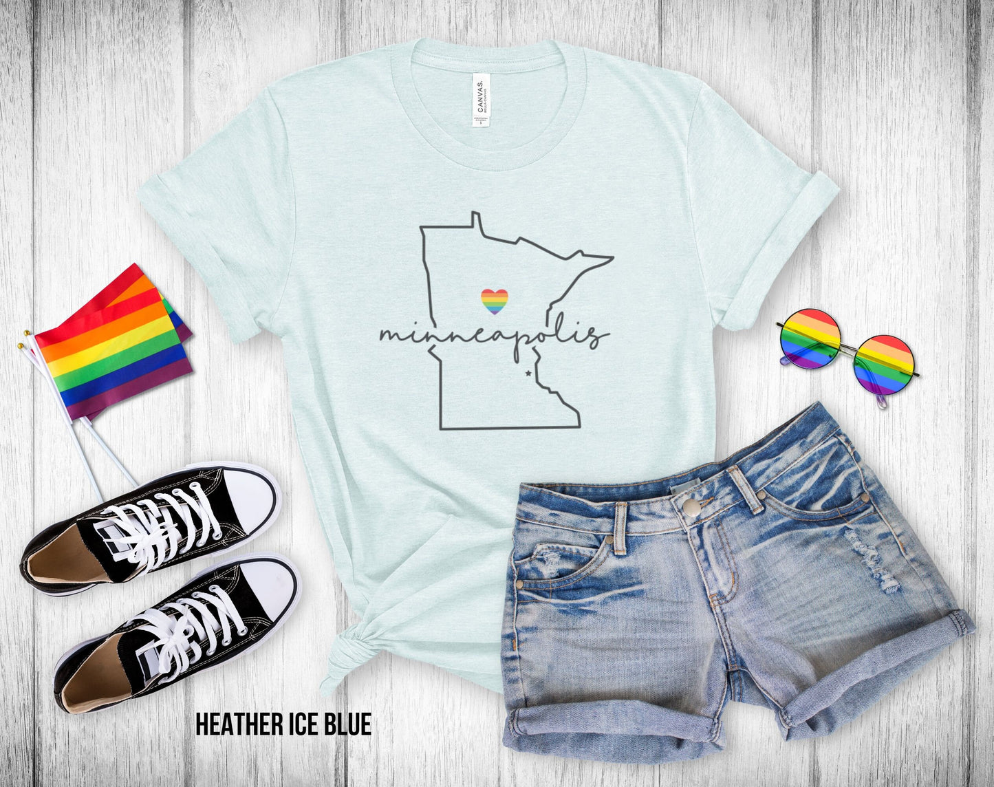 Gay Pride Minneapolis - Minnesota Outline - Rainbow Heart - Unisex Tee