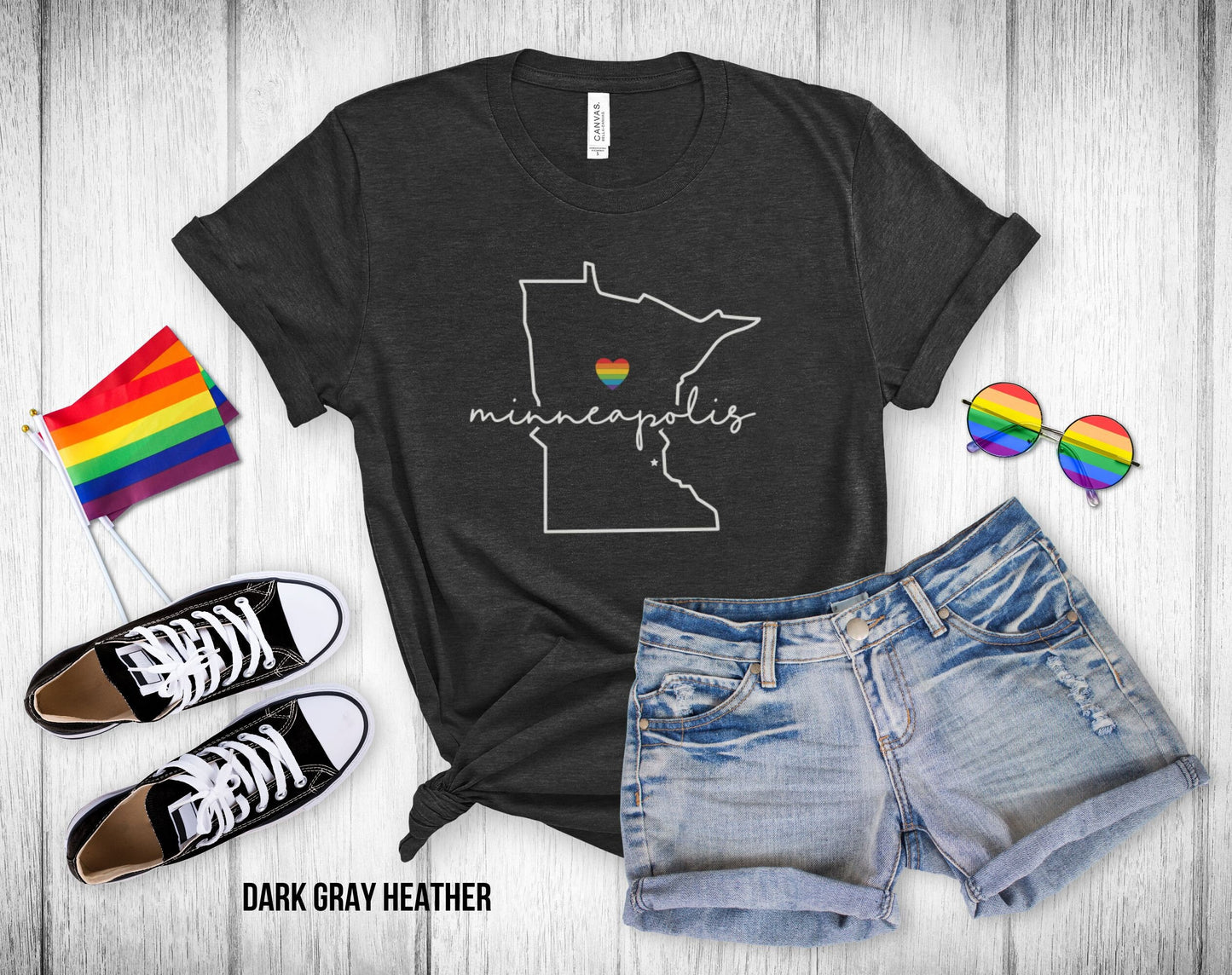 Gay Pride Minneapolis - Minnesota Outline - Rainbow Heart - Unisex Tee