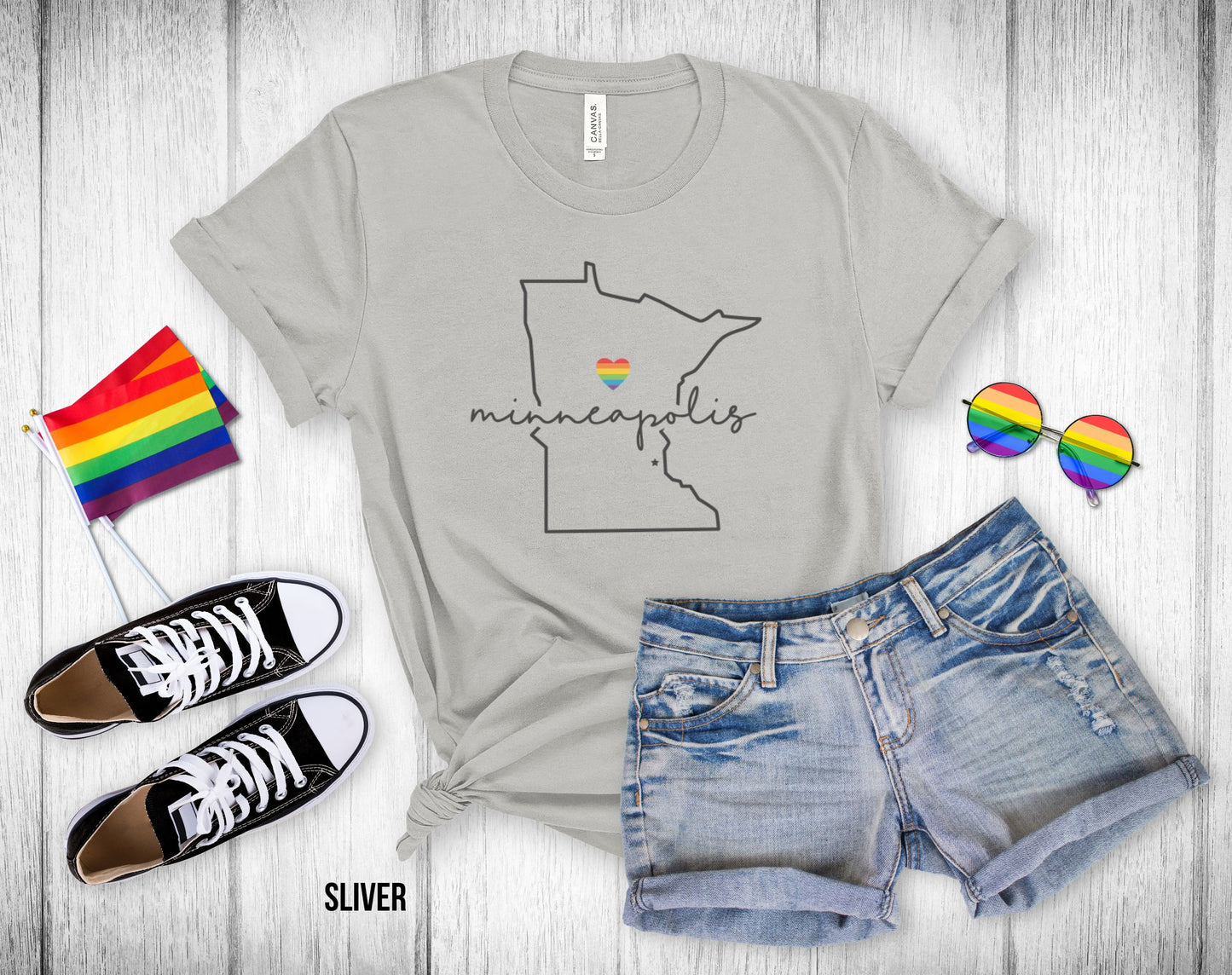 Gay Pride Minneapolis - Minnesota Outline - Rainbow Heart - Unisex Tee