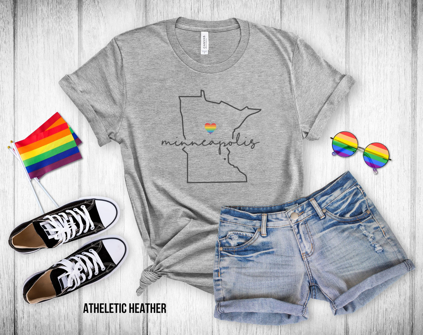 Gay Pride Minneapolis - Minnesota Outline - Rainbow Heart - Unisex Tee