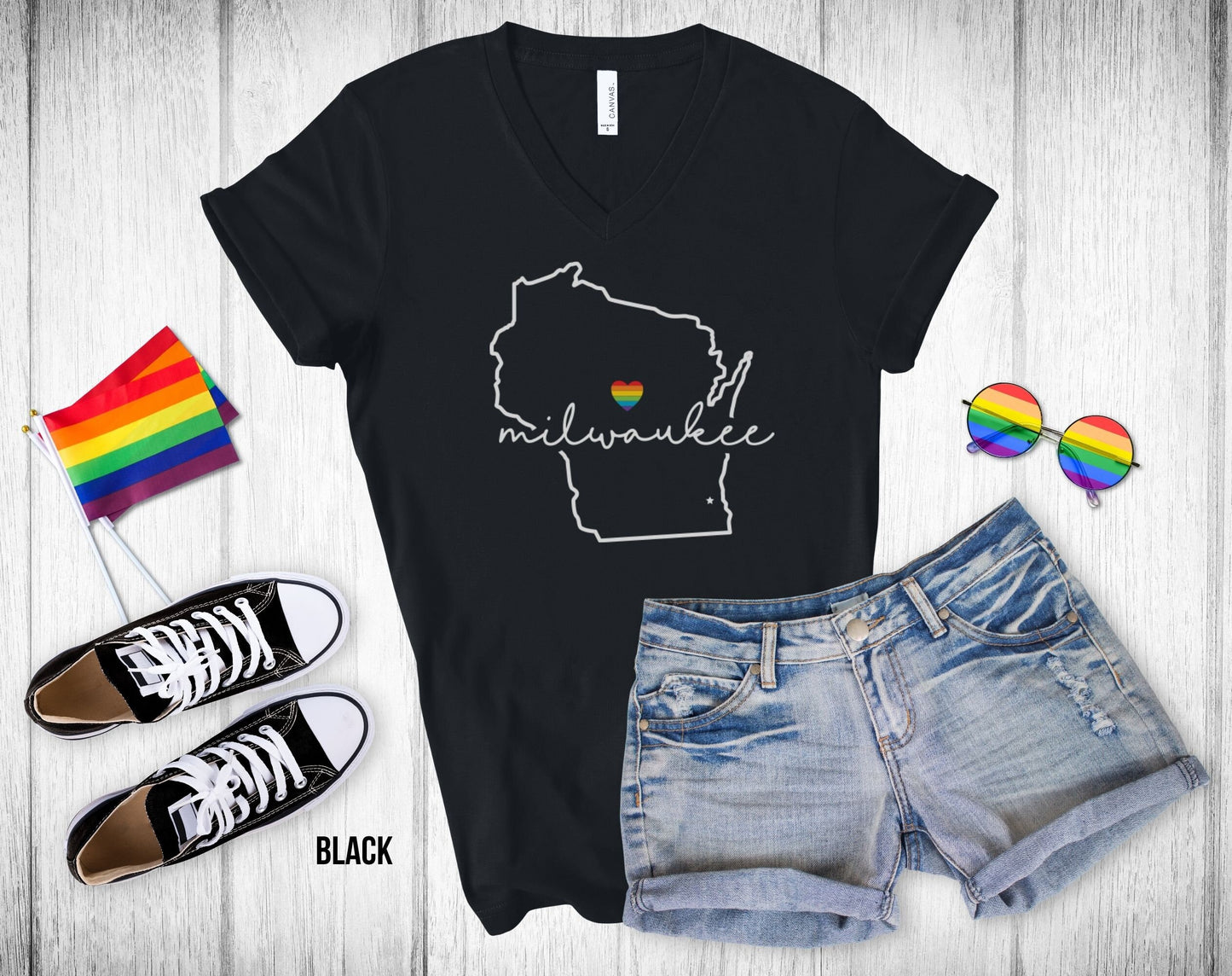 Gay Pride Milwaukee - Wisconsin Outline - Rainbow Heart - Unisex V-Neck Tee