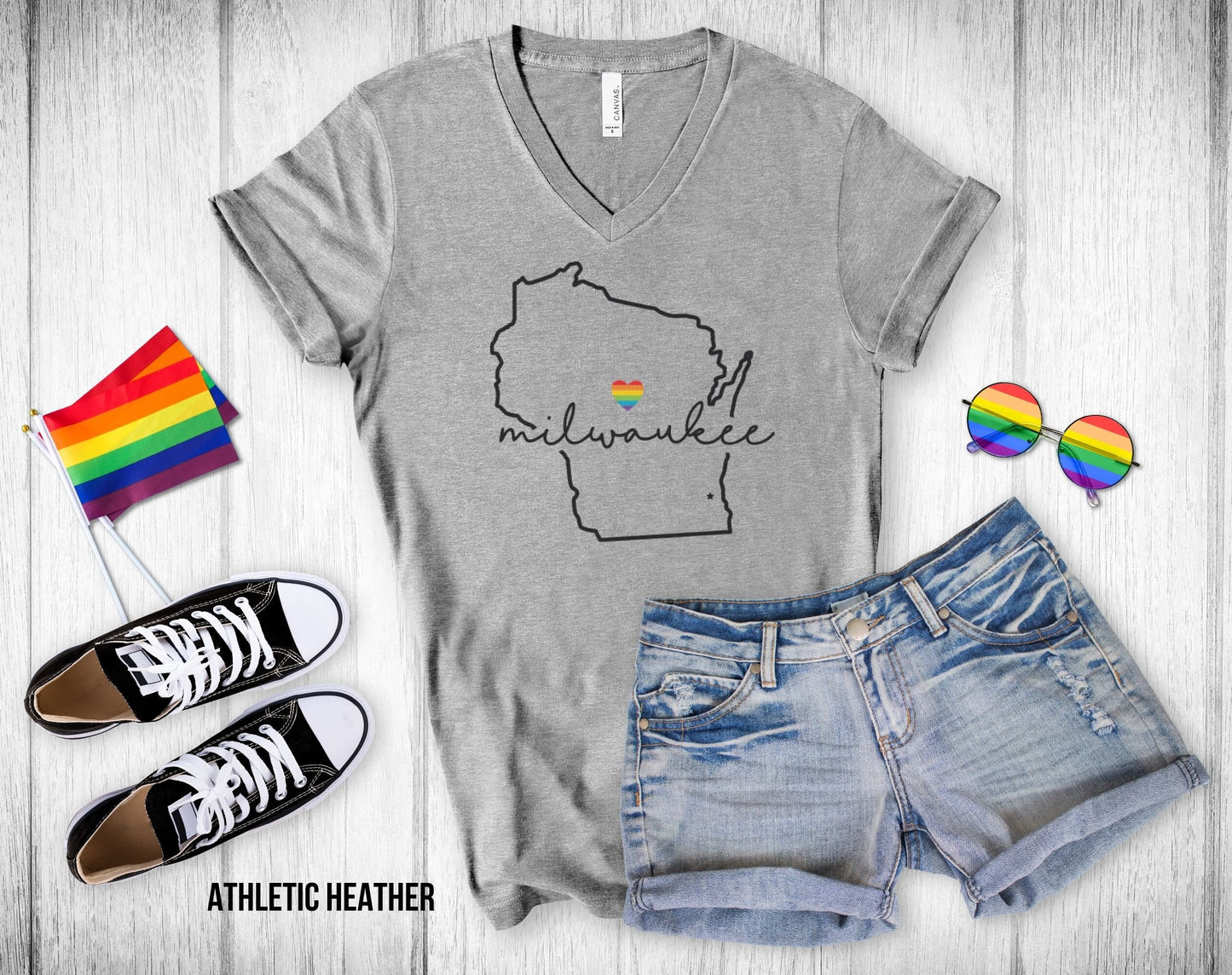 Gay Pride Milwaukee - Wisconsin Outline - Rainbow Heart - Unisex V-Neck Tee