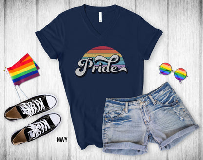 Retro Pride Rainbow Sunset - Unisex V-Neck Tee