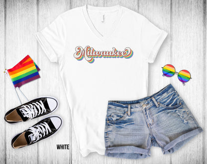 Milwaukee Retro Rainbow Baseball Text - Unisex V-Neck Tee