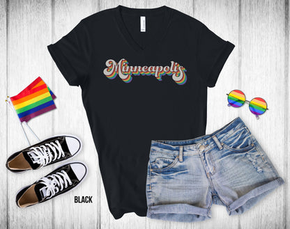 Minneapolis Retro Rainbow Baseball Text - Unisex V-Neck Tee