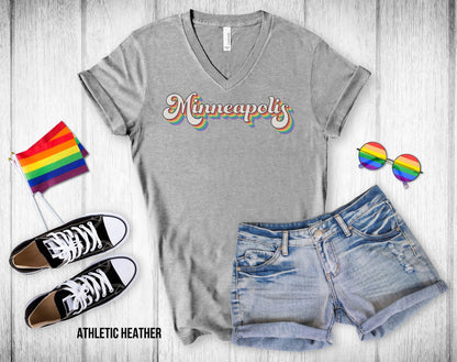 Minneapolis Retro Rainbow Baseball Text - Unisex V-Neck Tee