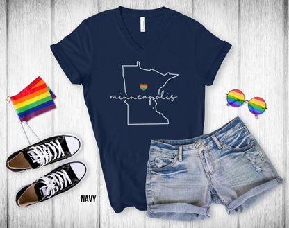 Gay Pride Minneapolis - Minnesota Outline - Rainbow Heart - Unisex V-Neck Tee