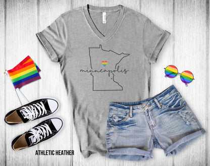 Gay Pride Minneapolis - Minnesota Outline - Rainbow Heart - Unisex V-Neck Tee