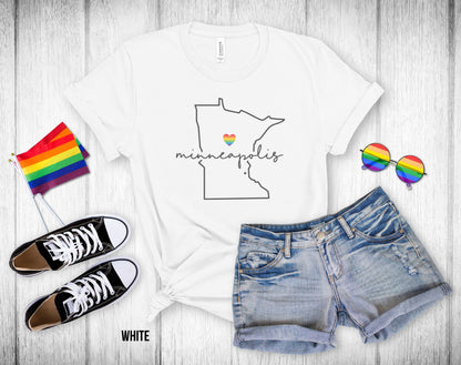 Gay Pride Minneapolis - Minnesota Outline - Rainbow Heart - Unisex Tee