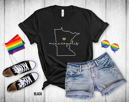 Gay Pride Minneapolis - Minnesota Outline - Rainbow Heart - Unisex Tee