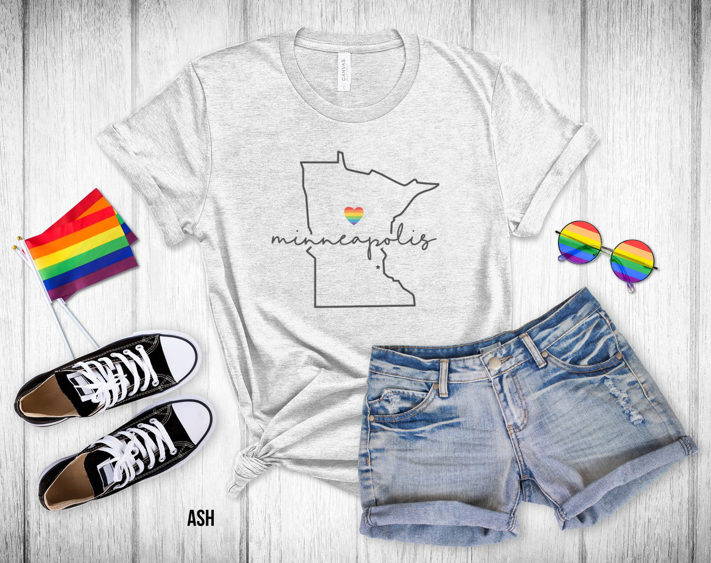 Gay Pride Minneapolis - Minnesota Outline - Rainbow Heart - Unisex Tee