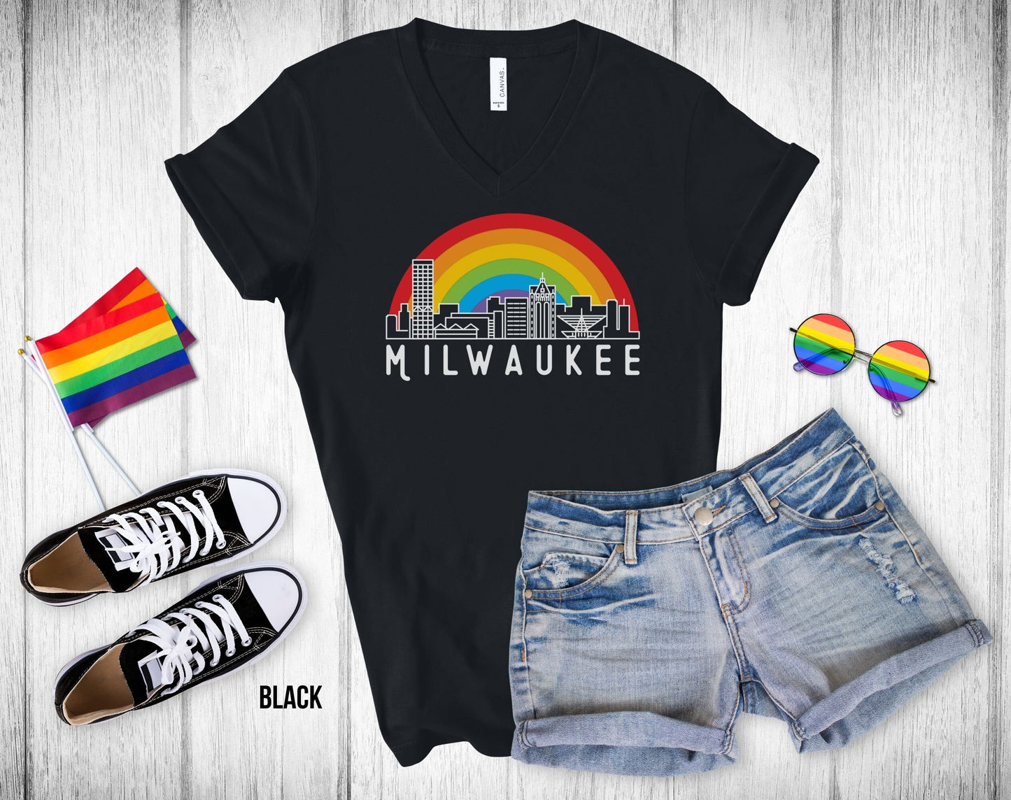 Milwaukee Rainbow Skyline - Unisex V-Neck