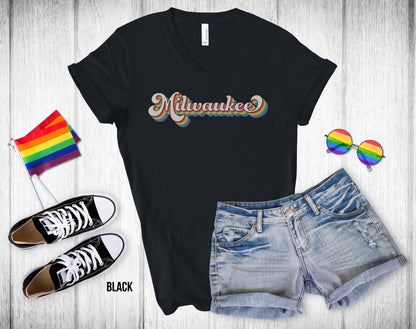 Milwaukee Retro Rainbow Baseball Text - Unisex V-Neck Tee