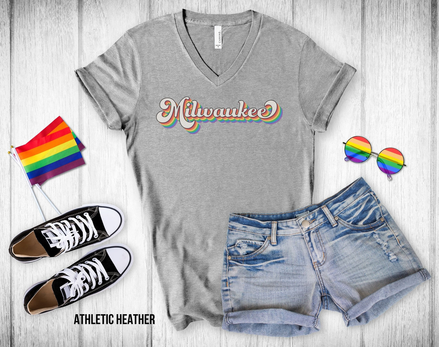 Milwaukee Retro Rainbow Baseball Text - Unisex V-Neck Tee