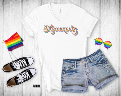 Minneapolis Retro Rainbow Baseball Text - Unisex V-Neck Tee